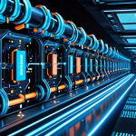 **Automated CI/CD Pipeline: A futuristic view of a software deployment pipeline with AI-powered error detection and intelligent testing, emphasizing speed and efficiency. Visual elements should include glowing circuits, data streams, and robotic arms.**