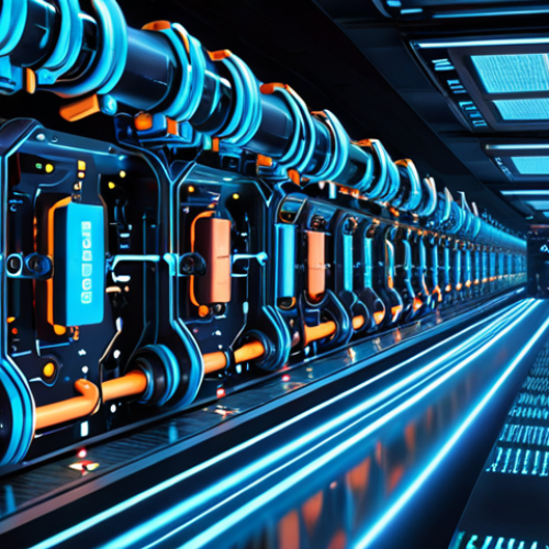 **Automated CI/CD Pipeline: A futuristic view of a software deployment pipeline with AI-powered error detection and intelligent testing, emphasizing speed and efficiency. Visual elements should include glowing circuits, data streams, and robotic arms.**
