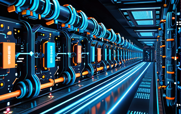**Automated CI/CD Pipeline: A futuristic view of a software deployment pipeline with AI-powered error detection and intelligent testing, emphasizing speed and efficiency. Visual elements should include glowing circuits, data streams, and robotic arms.**