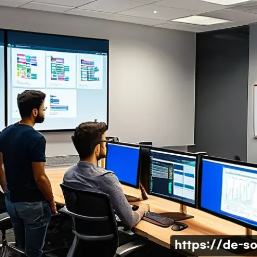 Home 31 CI CD 파이프라인 구축의 일반적인 과정 - A modern software development team collaborating in a sleek, high-tech office environment focused on...