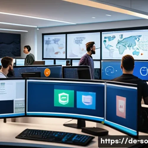 Home 30 Terraform을 활용한 CI CD 파이프라인 구축 - A modern DevOps team in a high-tech office environment collaboratively working on a multi-cloud infr...