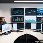 CI CD 파이프라인 자동화의 이점 - A modern software development team in a sleek, bright office in Berlin, collaborating around multipl...