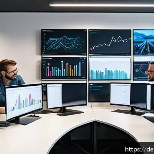 CI CD 파이프라인 자동화의 이점 - A modern software development team in a sleek, bright office in Berlin, collaborating around multipl...
