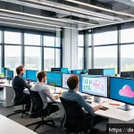 CI CD 파이프라인의 인프라 자동화 - A modern software development office scene showing a diverse team of professional developers collabo...