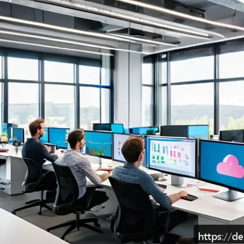 CI CD 파이프라인의 인프라 자동화 - A modern software development office scene showing a diverse team of professional developers collabo...