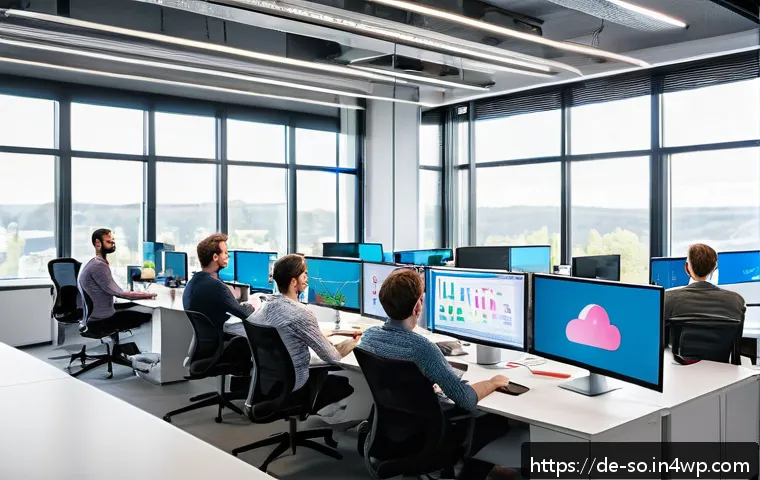 CI CD 파이프라인의 인프라 자동화 - A modern software development office scene showing a diverse team of professional developers collabo...